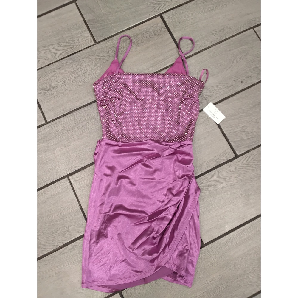 Windsor Magenta Rhinestone Satin Mini‎ Dress Open Back Bodycon Party Purple Med